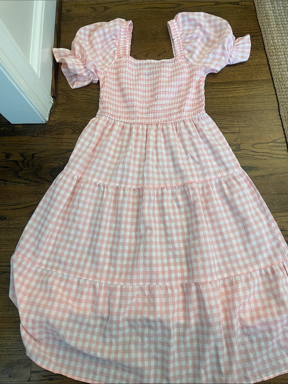 Pink Gingham Maxi Dress with Puff Sleeves